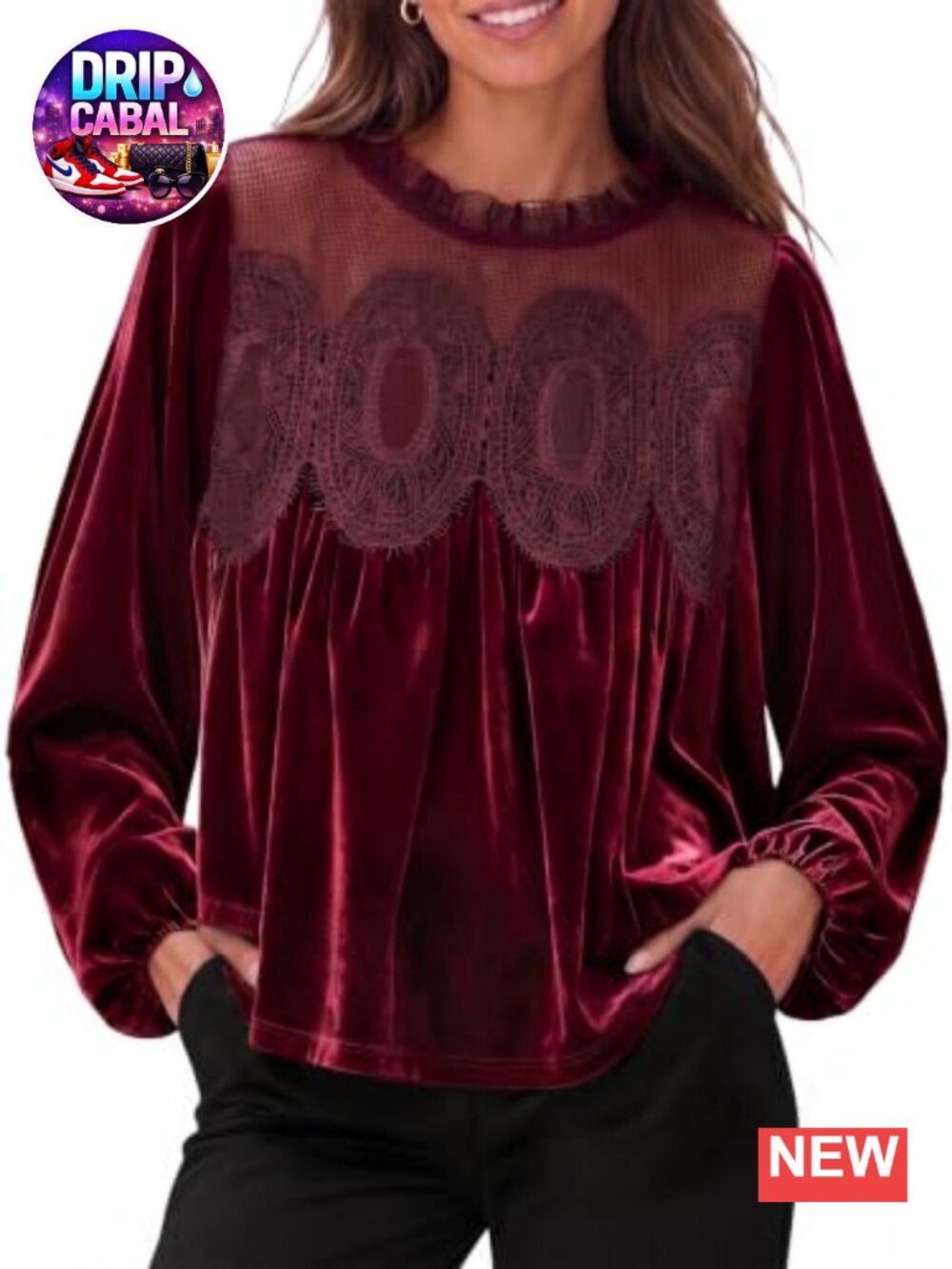 Velvet Puff Sleeve Lace Trim Blouse Long Sleeve Pullover Crew Neck